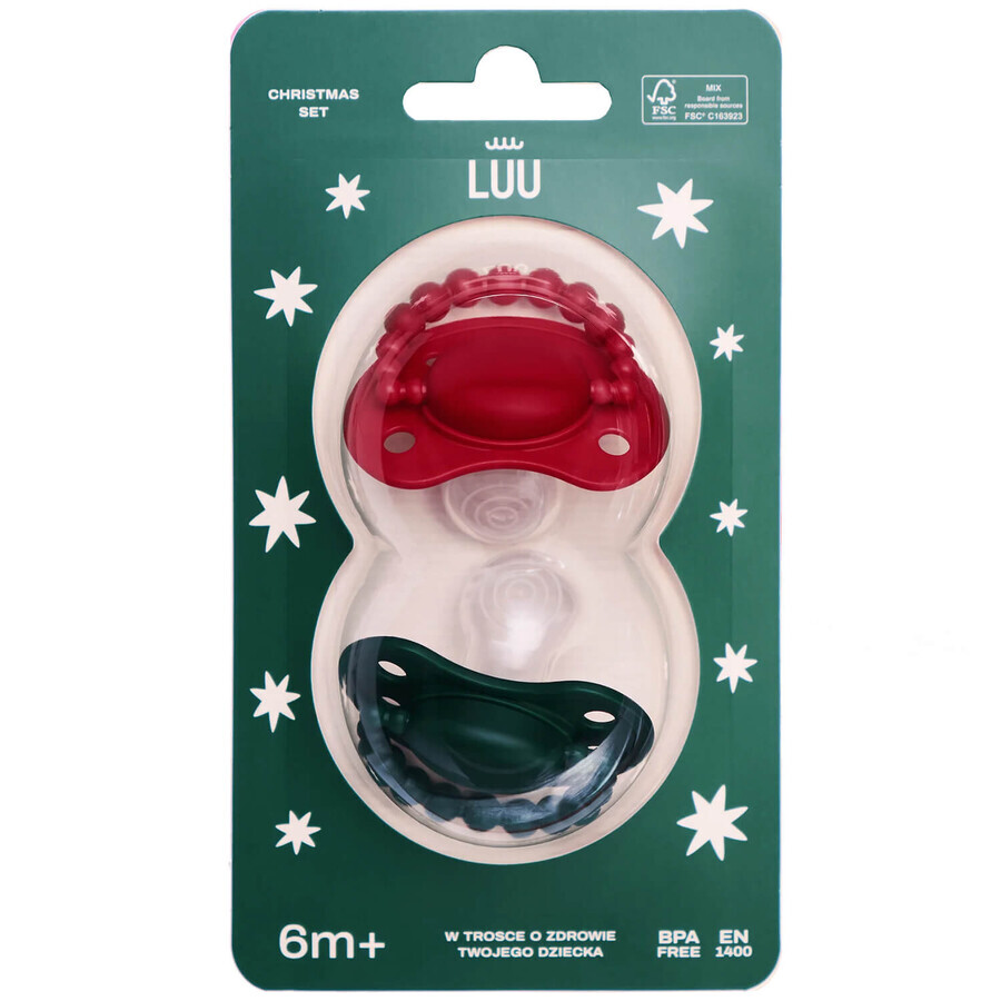 Luu Kids set, tétine, positionnement, silicone, Holy Green & Santa Red, à partir de 6 mois, 2 pièces