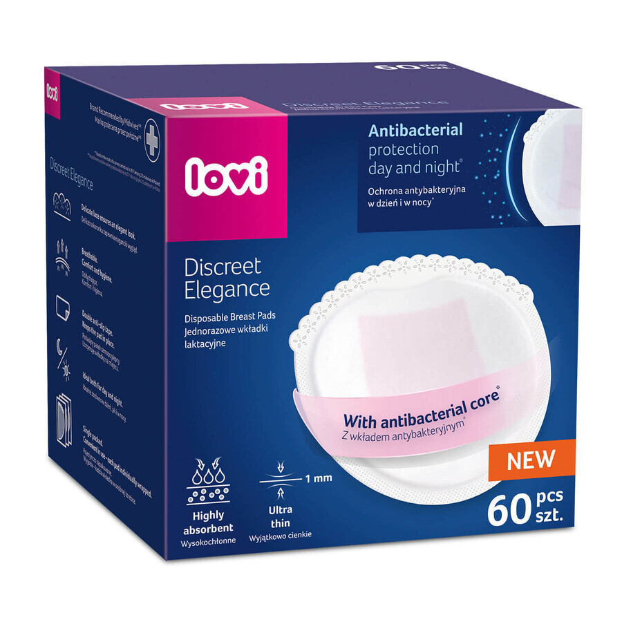 Lovi Discreet Elegance, discos absorbentes, antibacteriano, blanco, 60 unidades