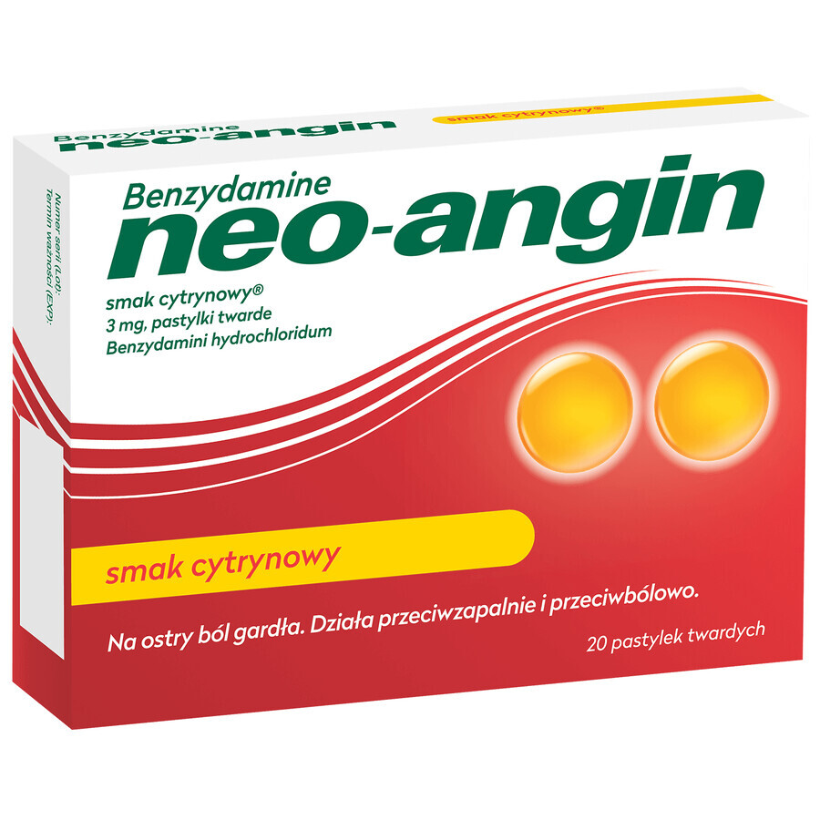 Benzidamine neo-angin 3 mg, lemon-flavored, 20 hard tablets