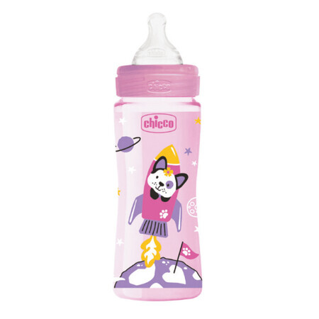 Biberón WB PP tetina de silicona con flujo normal rosa, 330 ml, +4 meses, Chicco