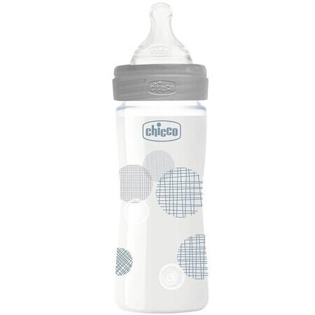 Biberón Well Being, vidrio, con tetina de silicona de flujo lento, unisex, 0 meses, 240ml, Chicco