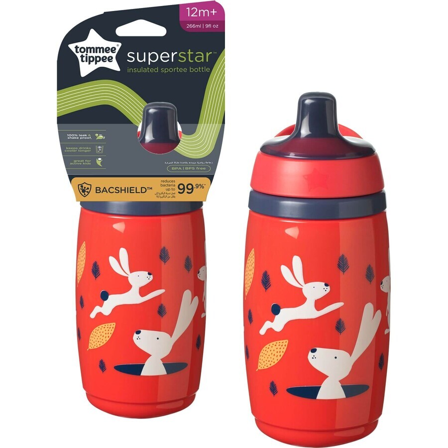 Tommee Tippee Superstar Sportee, vaso deportivo sin derrames, 12m+, rojo 266 ml