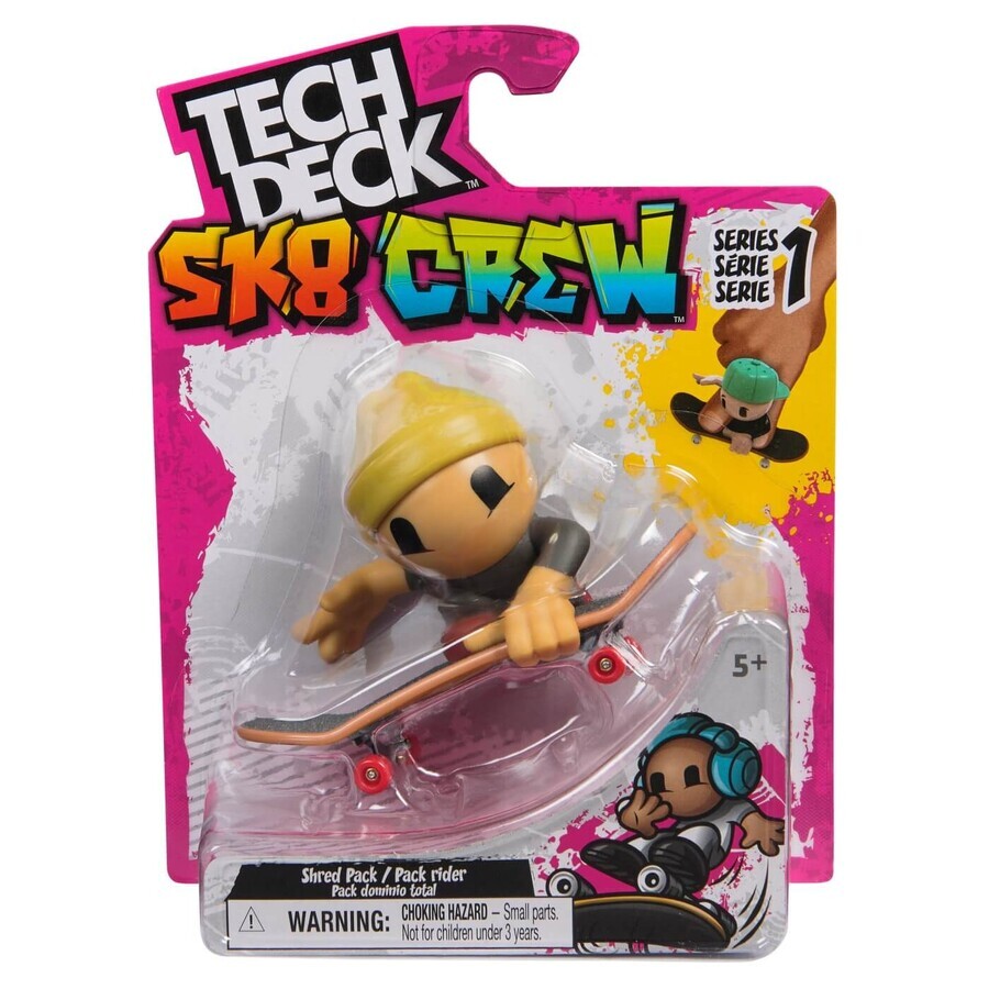 Sk8 Crew Mini monopatín y figurita con casco amarillo, 9,6 cm, 5 años+, Tech Dech