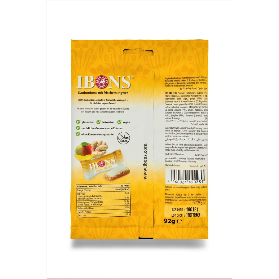 Bomboane gumate cu ghimbir si mango, 92 g, Ibons