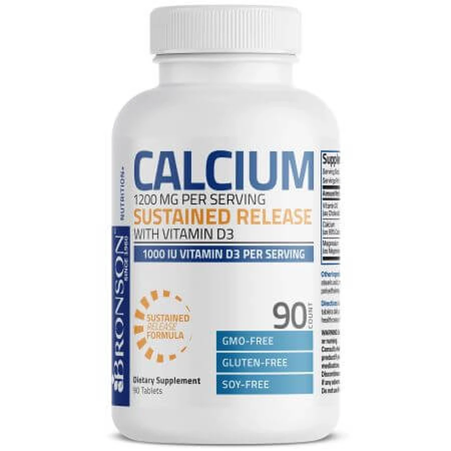 Calcio 1200 mg, Vitamina D3 1000 IU y Magnesio 80 mg, 90 cápsulas, Laboratorios Bronson