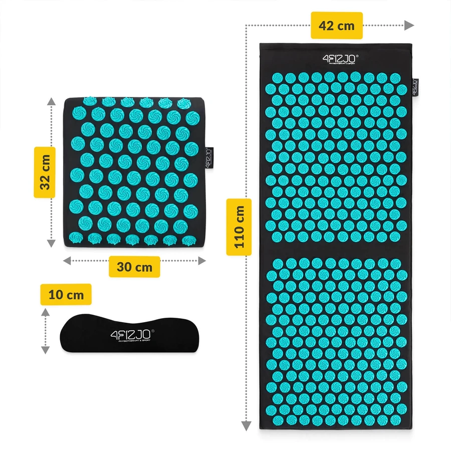 4Fizjo Ergo, tappetino per agopuntura grande con cuscino XL, 110 x 42 cm, nero e blu