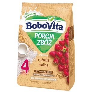 BoboVita Porcja Zbóż Reis-Cerealien, Himbeere, Milch, ohne Zuckerzusatz, nach 4 Monaten, 210 g