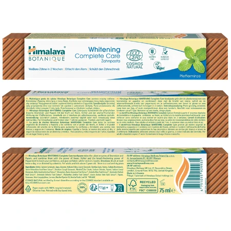 Himalaya Botaniq Complete Care, pasta dentífrica blanqueadora, menta, sin flúor, 75ml