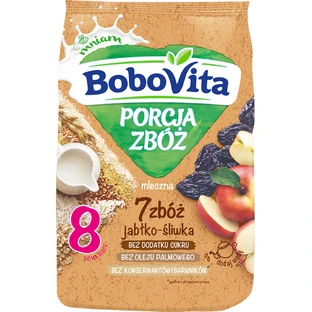 BoboVita Porcja Zbóż Porridge 7 Getreidearten, Apfel und Pflaume, Milch, ohne Zuckerzusatz, nach 8 Monaten, 210 g