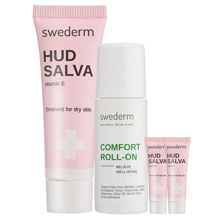 Set Swederm Hudsalva, pomada oleosa con vitamina E, piel seca, 100 ml + Swederm Rollo confort, 60 ml + Hudsalva pomada con vitamina E, 2 x 8 ml gratis