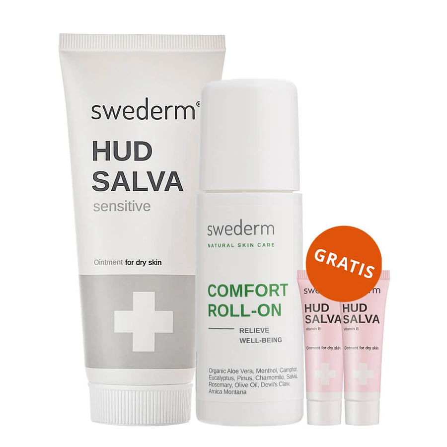Set Swederm Hudsalva Sensitive, sterk vettende zalf, droge huid, 100 ml + Swederm Comfort rol, 60 ml + Hudsalva zalf met vitamine E, 2 x 8 ml gratis