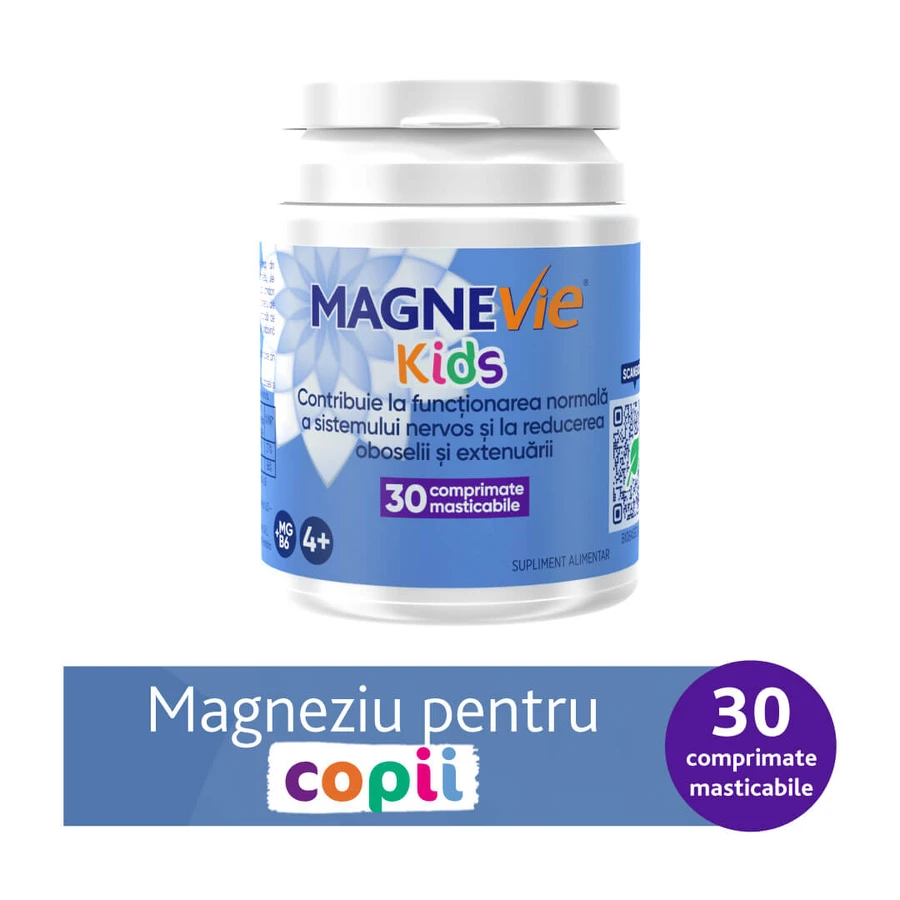 MagneVie Kids, 70 mg di magnesio + 0,6 mg di vitamina B6, sistema nervoso e concentrazione, 4x30 compresse masticabili