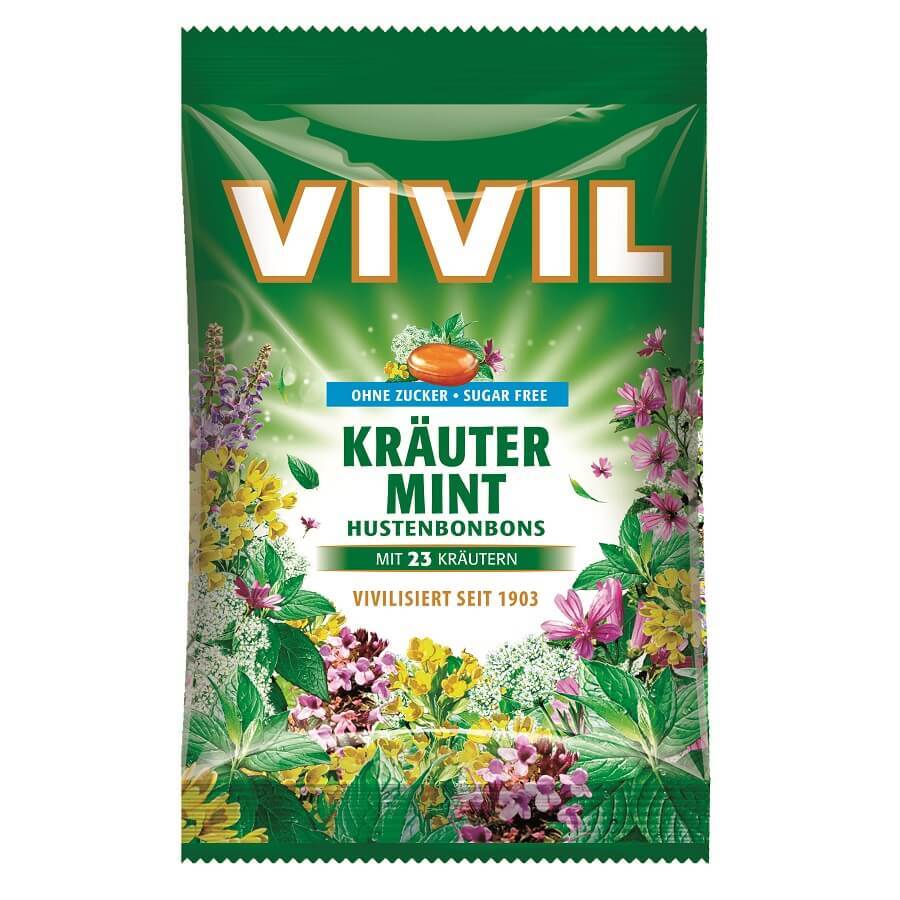 Bomboane fără zahăr cu plante naturale și mentă, 60 g, Vivil