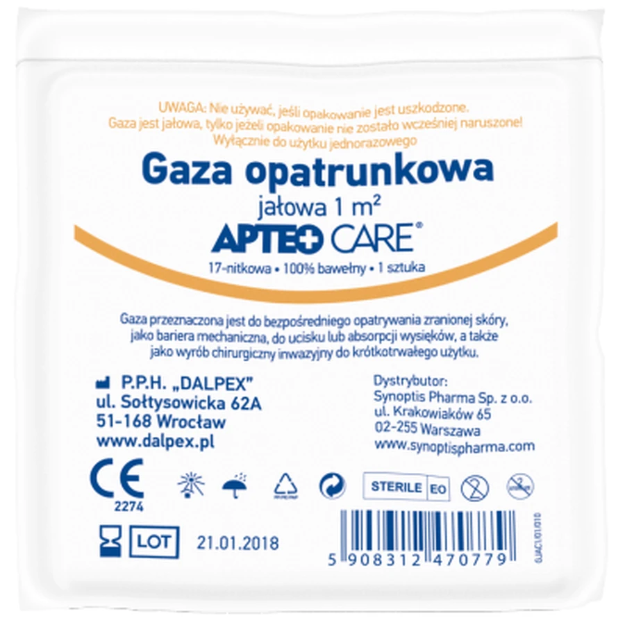 Apósito estéril de gasa, ApteoCare, 1m2, 1 pieza
