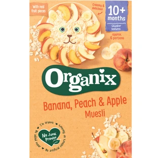 Granen Eco musli met bananen, perziken en appel, +10 maanden, 200 g, Organix