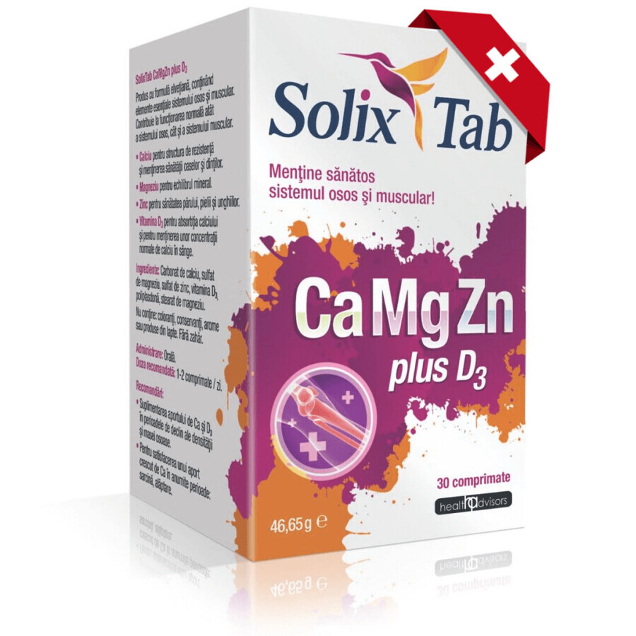 Ca Mg Zn Plus D3 Solix Tab, 30 comprimidos, Health Advisors