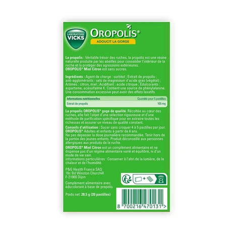 Vicks Oropolis Propoli Miele e Limone 20 Pastiglie Lenitive per la Gola