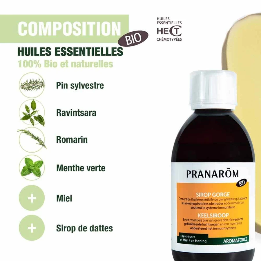 Pranarôm Aromaforce Sciroppo per la gola a base di miele e Ravintsara Bio 150 ml