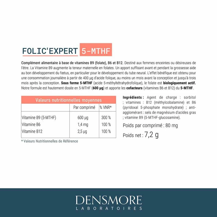 Densmore Folic'expert ácido fólico (5-MTHF) preconcepción y embarazo 90 comprimidos