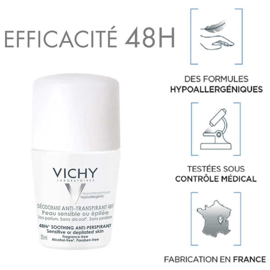 Vichy Deodorant Roll-on Antiperspirant 48h Sensitive or Depilated Skin 2x50ml