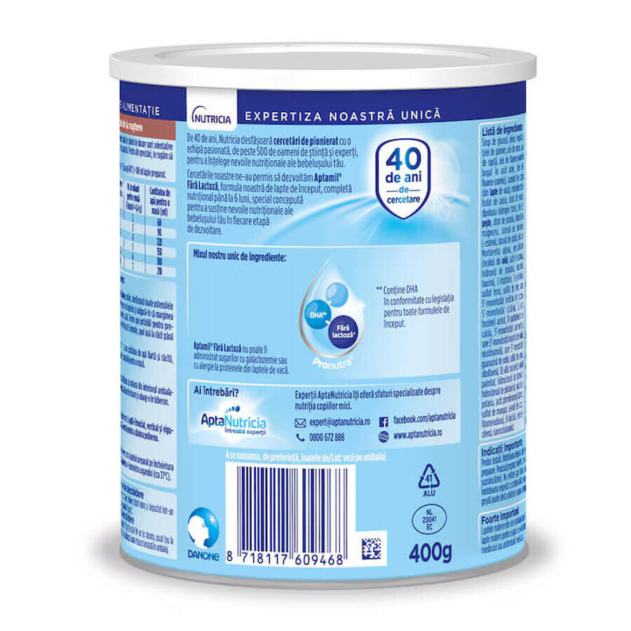 Fórmula láctea de inicio sin lactosa, 400 g, Aptamil