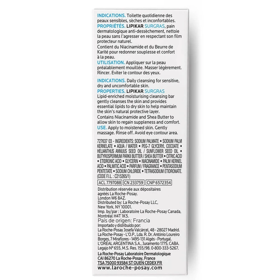 La Roche-Posay Lipikar Surgras pan limpiador rellenador de lípidos para pieles sensibles 150g