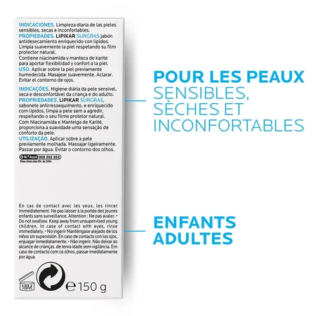 La Roche-Posay Lipikar Surgras pan limpiador rellenador de lípidos para pieles sensibles 150g