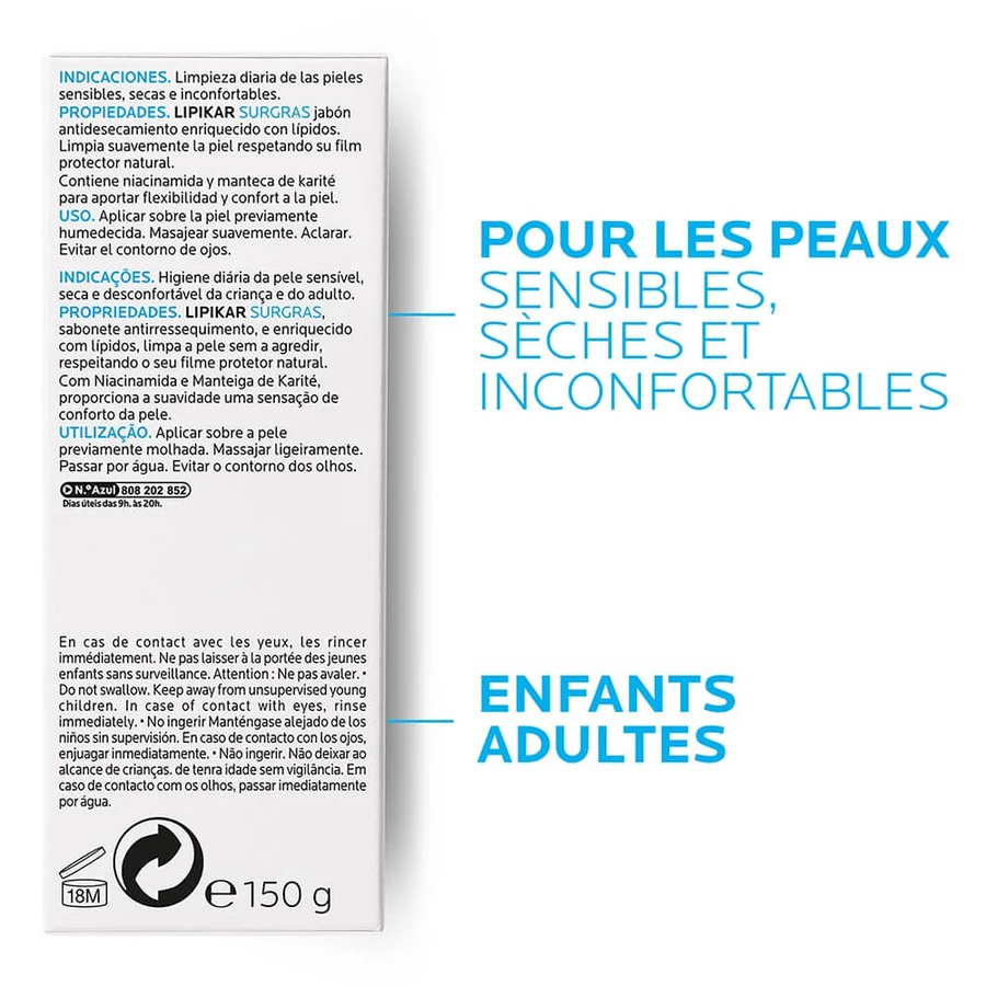 La Roche-Posay Lipikar Surgras pan limpiador rellenador de lípidos para pieles sensibles 150g