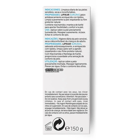 La Roche-Posay Lipikar Surgras pan limpiador rellenador de lípidos para pieles sensibles 150g