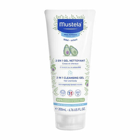 Gel detergente senza sapone per capelli e corpo 2 in 1, 200 ml, Mustela