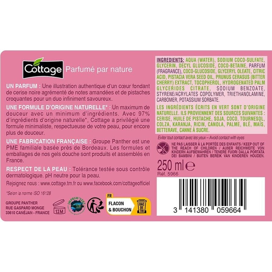 Gel de ducha hidratante con leche y extracto de cereza negra y pistacho, 250 ml, Cottage