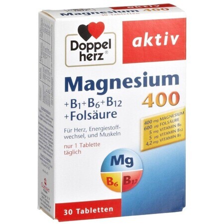 Magnesio 400 Doppelherz + Ácido Fólico + Vitamina B6, 30 comprimidos, Queisser Pharma