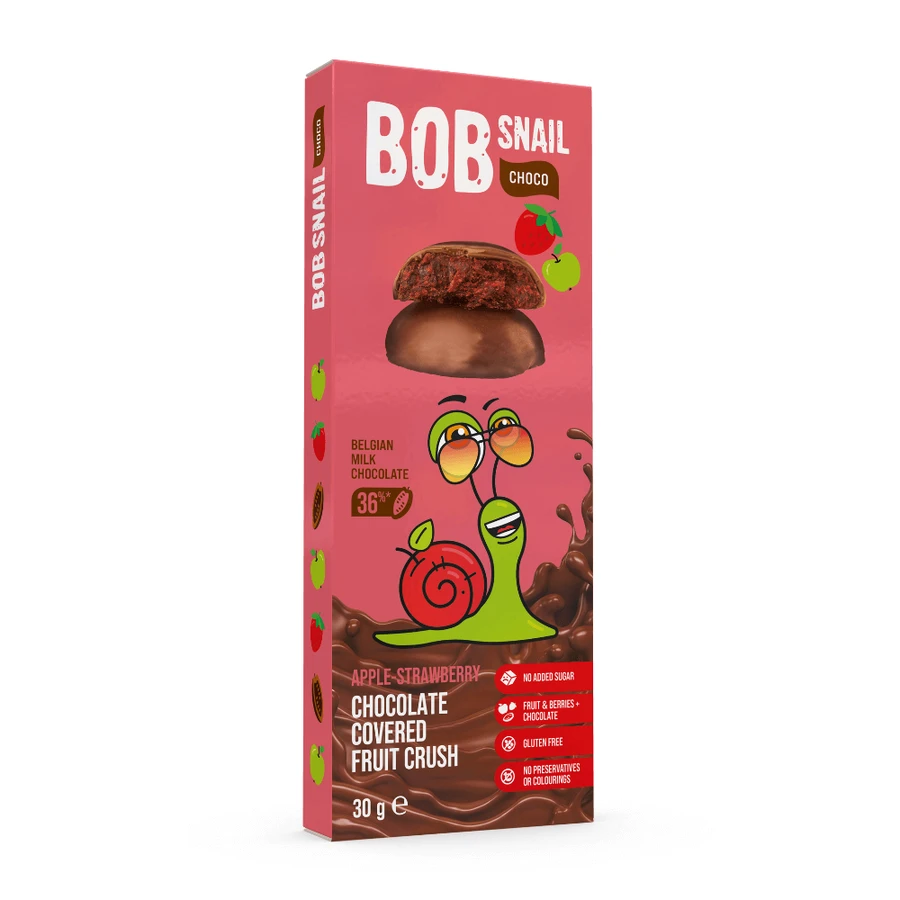 Snack fructat cu ciocolata belgiana, Mar si Capsuni, 30 g, Bob Snail