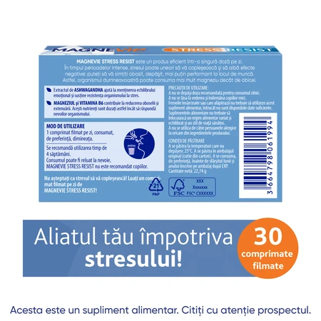 MagneVie Stress Resist avec Ashwaghanda 80 mg + 60 mg de magnésium + 1,4 mg de vitamine B6, système nerveux et résistance au stress, 4x30 comprimés