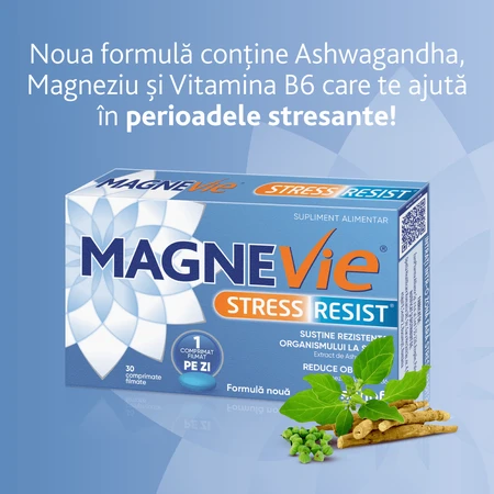 MagneVie Stress Resist avec Ashwaghanda 80 mg + 60 mg de magnésium + 1,4 mg de vitamine B6, système nerveux et résistance au stress, 4x30 comprimés