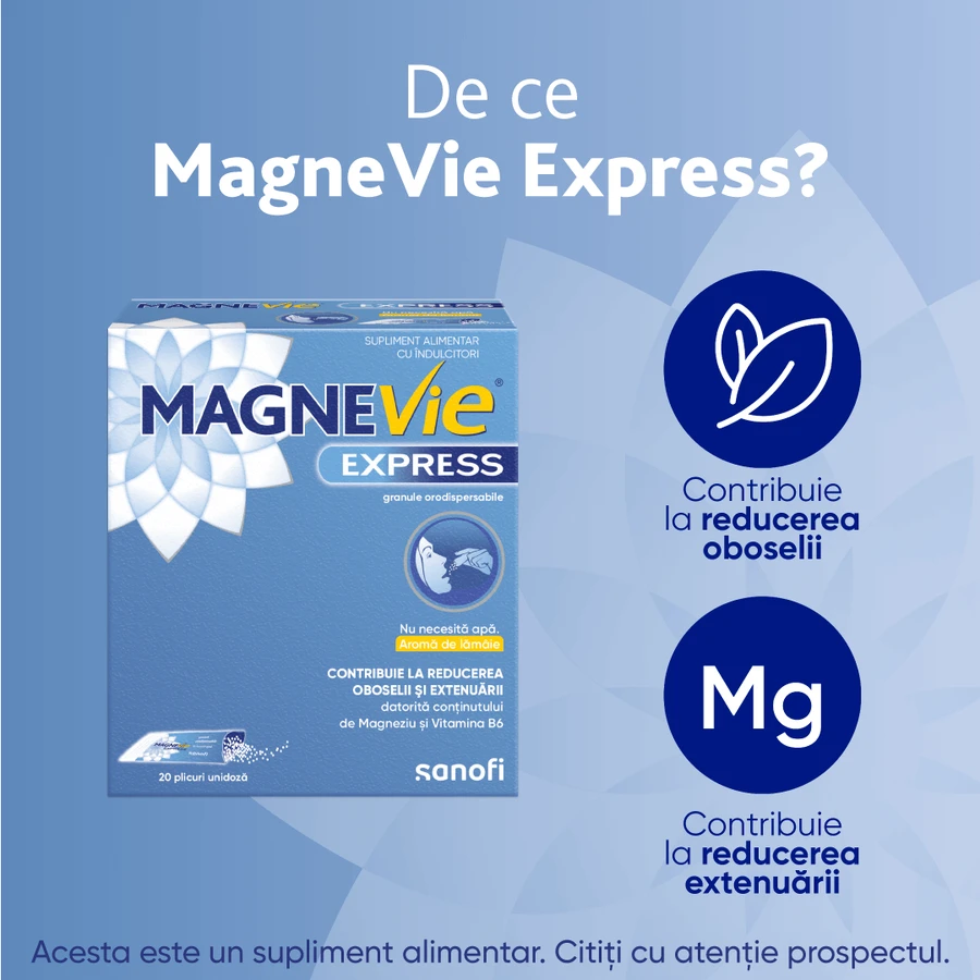 MagneVie Express, 150 mg magneziu + 0.7mg vitamina B6, plus de energie, administrare fara apa, 2x20 plicuri