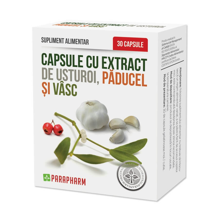 Capsule cu extract de Usturoi cu Păducel și Vâsc, 30 capsule, Parapharm