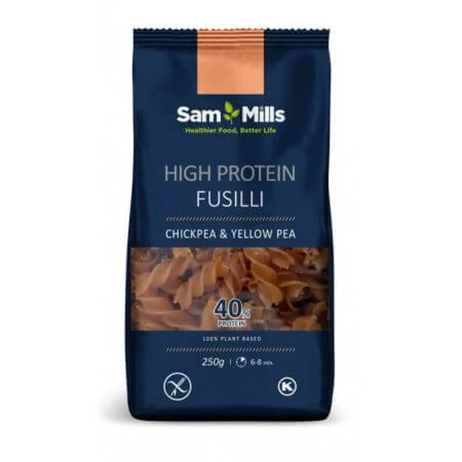 Pasta Fusilli di pollo e piselli gialli ad alto contenuto proteico, 250 g, Sam Mills