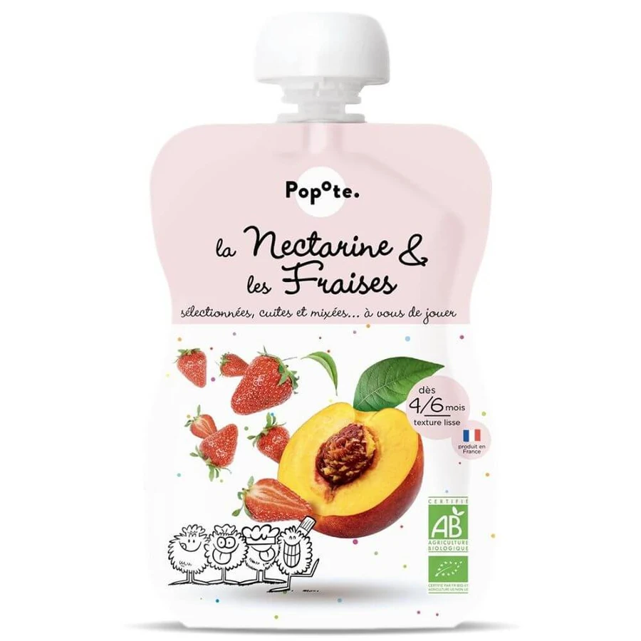 Puré ecológico con nectarinas y fresas, 4-6 meses, 120 g, Popote