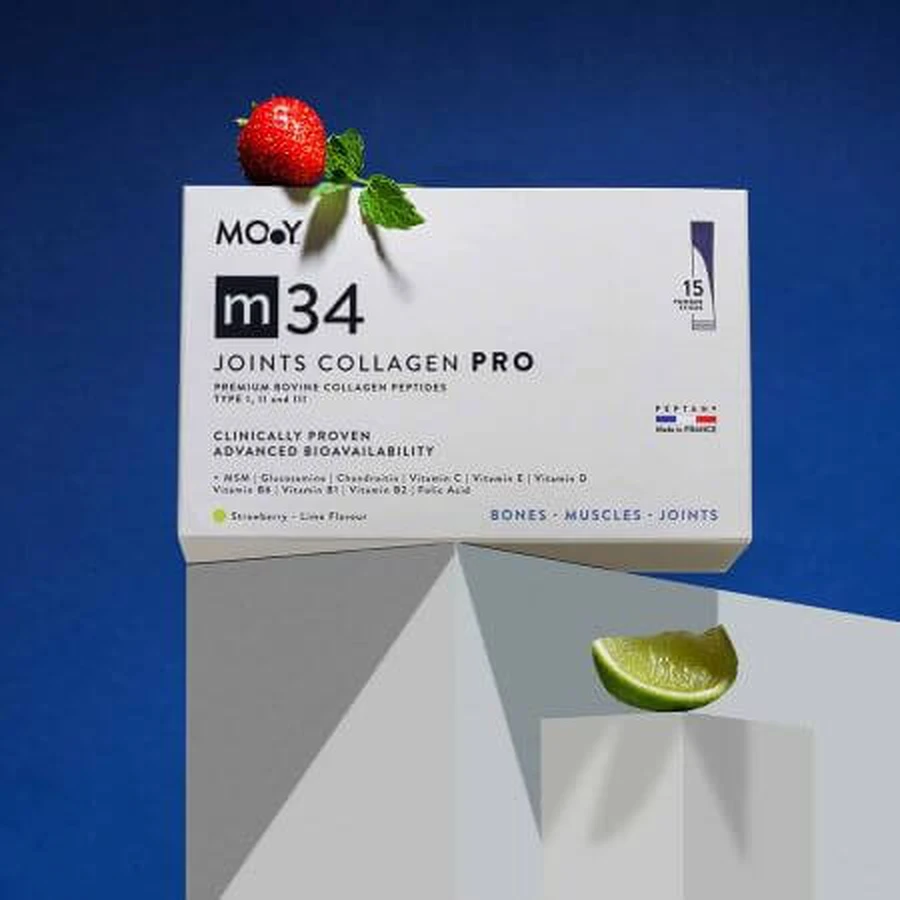 Kollagen PRO bovin PRO mit Erdbeer-, Zitronen- und Minzgeschmack m34, 15 Beutel x 13 g, Molecules of Youth