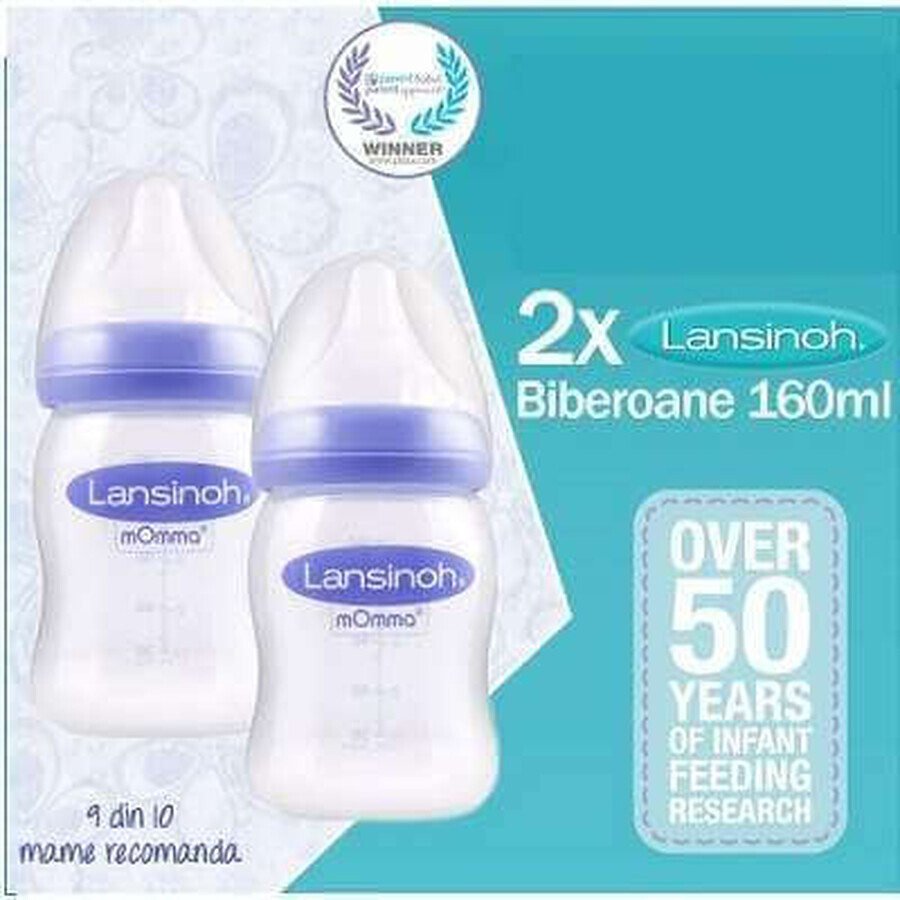 Biberon avec tétine en silicone à débit lent, +0 mois, 2x160 ml, Lansinoh