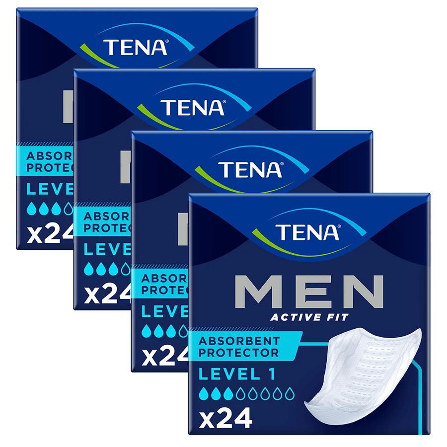 Set Tena Men Active Fit, tălpi anatomice pentru bărbați, Nivel 1, 4 x 24 bucăți
