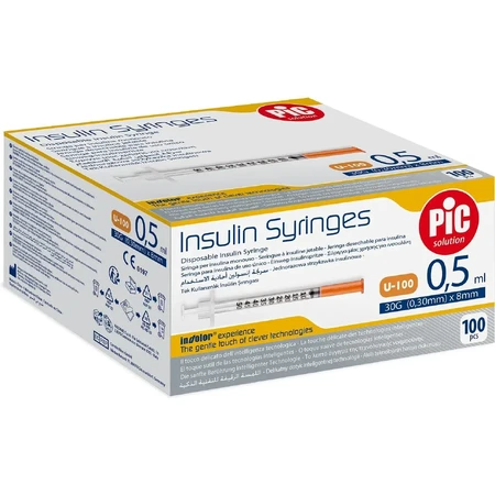 Seringi de insulină Pic Solution, seringă de insulină de 0,5 ml cu ac 31G (0,25 mm) x 8 mm, 100 bucăți
