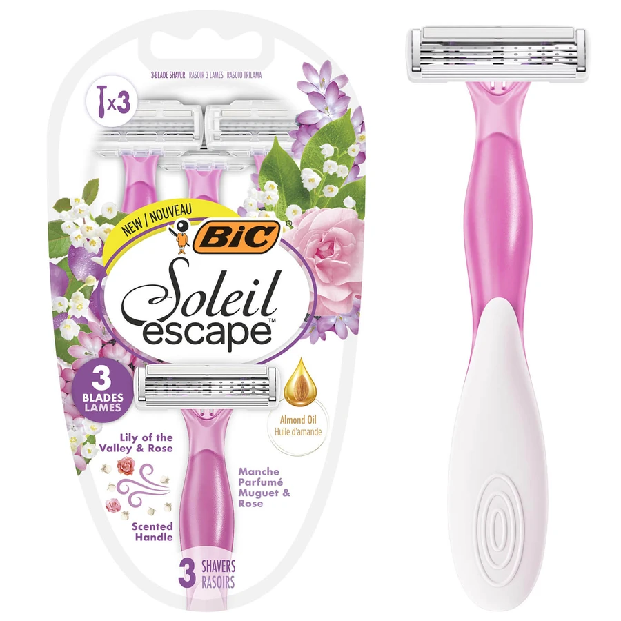 BIC Soleil Escape, aparat de ras pentru femei, de unică folosință, cu trei lame, Lily of the Valley & Rose, 3 bucăți