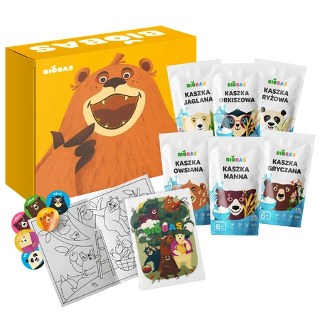 BioBas Bio pap set, rijst, spelt, gierst, griesmeel, havermout, met kleurboek en stickers, geen suiker toegevoegd, vanaf 6 maanden, 6 x 200 g