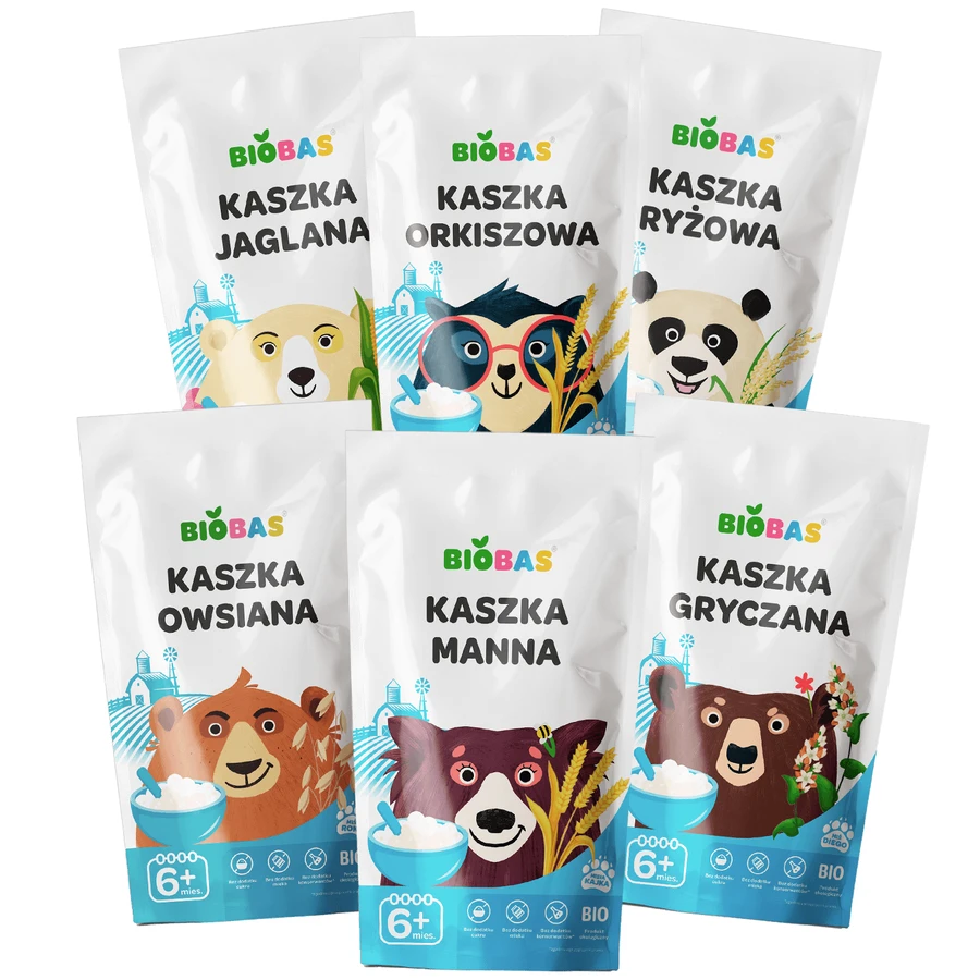 BioBas Bio pap set, rijst, spelt, gierst, griesmeel, havermout, met kleurboek en stickers, geen suiker toegevoegd, vanaf 6 maanden, 6 x 200 g