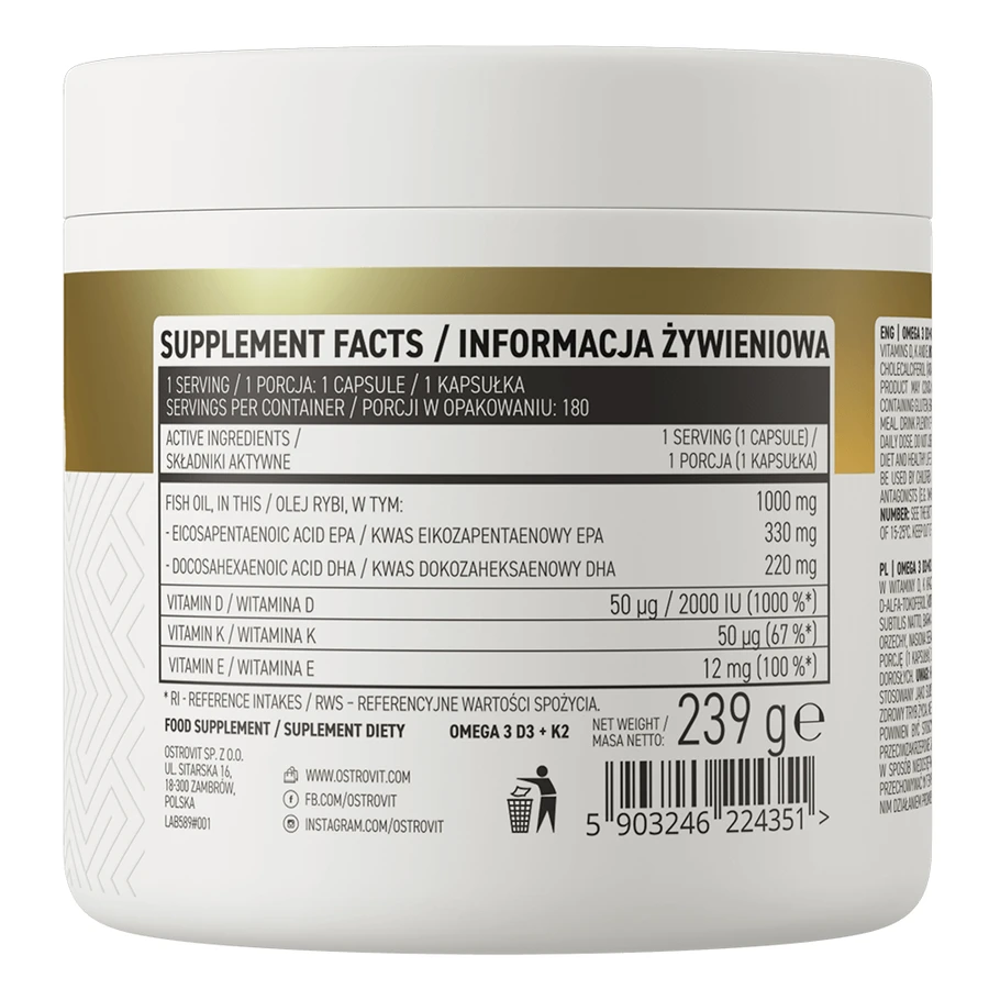 OstroVit Omega 3, D3 + K2, 180 kapsułek: ceny i cechy