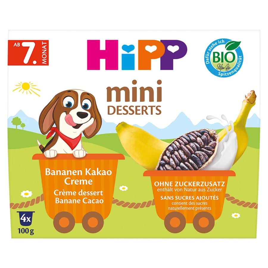 HiPP Mini Dessert Bio, Creme mit Banane und Kakao, nach 7 Monaten, 4 x 100 g