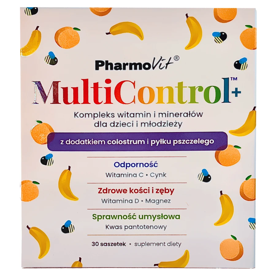 Pharmovit MultiControl+ Complesso vitaminico e minerale per bambini e adolescenti, gusto banana e pesca, 30 bustine