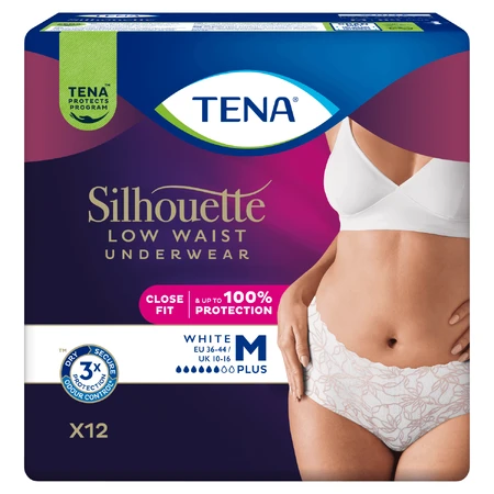 Tena Silhouette Plus Blanco, bragas absorbentes discretas para mujer, talla M, 12 unidades